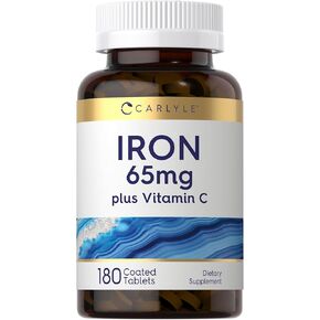 Carlyle Iron Supplement 65 mg with Vitamin C | 180 Tablets | 300mg of Vitamin C | Vegetarian, Non-GMO and Gluten Free