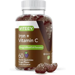 Iron Gummies 20mg + Vitamin C 26mg for Iron Deficiency and Anemia, Supports Energy, Blood Cell Formulation, Blood Builder, Vegan Supplements, Gluten Gelatin and GMO Free, Chewable Grape Gummy Chews
