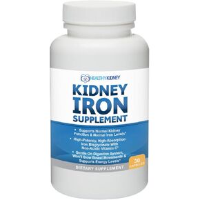 Kidney Iron Supplement Pills for Kidney Health, Iron Supplement Made for Kidney Health & Renal Vitamins like Non-Acidic Vitamin C for Optimal Kidney Iron Support, High Absorption, Gut Friendly 30 Caps