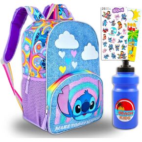 Disney Stitch Backpack Purse for Women - Bundle with 17" Stitch Backpack with Front Pocket, Stickers, Water Bottle, More | Lilo and Stitch Backpack for Teens, Women