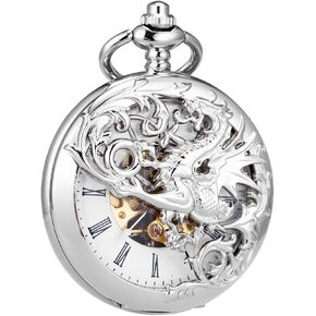 ساعة الجيب الميكانيكية Manchda للرجال Women Dragon و Phoenix Pocket Watch مع سلسلة