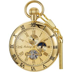 Copper Pocket Watch London Mechanical Men's Pocket Watch Roman Numerals Tourbillon Moon Phase Hand Wind Pocket Watch with Chain&Box