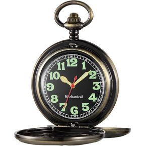 Men's Mechanical Pocket Watch Black Rudder Pattern Double Open Hollow Roman Numerals Pocket Watch