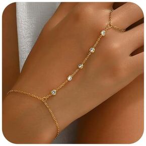 Hand Chain Bracelet for Women 18K Gold Plated Pearl Beaded Moon Star Cubic Zirconia Ring Bracelet Hand Chain Trendy Body Jewlery Gifts