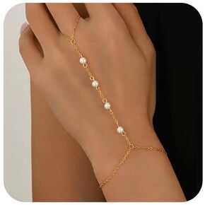 Hand Chain Bracelet for Women 18K Gold Plated Pearl Beaded Moon Star Cubic Zirconia Ring Bracelet Hand Chain Trendy Body Jewlery Gifts in Kuwait