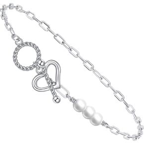 Pearl Heart Bracelet 925 Sterling Silver Love Pearl Bracelet Heart Jewelry Anniversary Birthday Thanksgiving Christmas Gifts for Women Wife Mom Lover