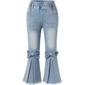 Girls Casual High Waisted Flare Split Raw Hem Bowknot Denim with Pockets