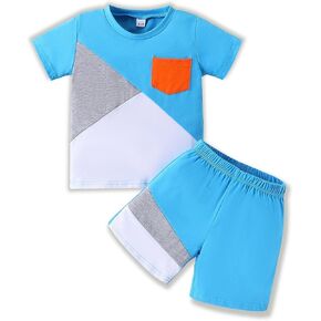 Kids Toddler Boy Clothes Outfits Colorblock Short Sleeve T Shirt with Pockets + Shorts 2 Pieces Summer Clothing Set