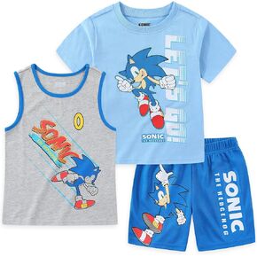 SEGA Sonic the Hedgehog Boys 3 Piece Tank Top T-Shirt and Short Set for Big Kids