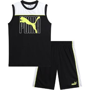 طقم شورت رياضي للأولاد من PUMA - قطعتان من القمصان بدون أكمام ذات قصة جافة وشورت رياضي عالي الأداء - مجموعة ملابس رياضية للأولاد (S-L)