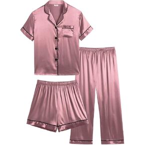SWOMOG Kids Silk Pajamas 3 Piece Girls Boys Satin Pajamas Set Button-Down PJs Set Soft Loungewear Short Sleeve Sleepwear