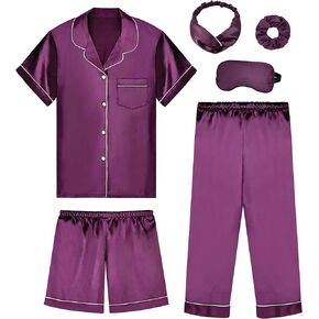 Silk Pajamas for Girls Satin Pajama Kids 3 Pieces Short Sleeve Girl Button-down Pjs Shorts Pants Sleepwear