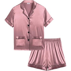 SWOMOG Satin Kid Pajamas for Girls Silk Pjs Set with 2 Pockets Boys Sleepwear Button-up Lounge Sets Short Sleeve Nightwear
