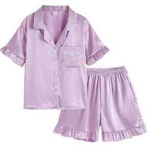 Vopmocld Girls Button Down Satin Pajama Sets 2PCS Ruffle Short Sleeve Top with Shorts Sleepwear Summer Outfit for Teens