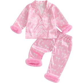 Toddler Girl Valentines Satin Pajamas Heart&Bow Print Button Down Shirt + Pants Little Kids Girls Silk Pajama Set