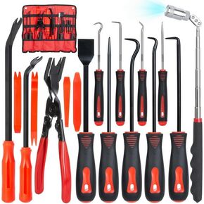 17PCS Hook and Pick Set, with Magnetic Telescoping Pickup, Car Trim Removal Tool Kit, Clip Removal Tool Automotive, Scraper and Rivets Puller, Auto Car Door and Interior Panel Plastic Pry Removal Kit