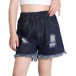 Ripped Jean Shorts for Kids Girls, Casual Girls Denim Shorts with Pockets, Cute Raw Hem Straight Leg Pants, 5-14Y