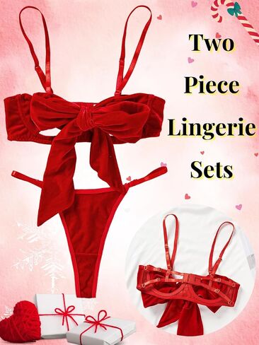 kaei & shi unnrap bow lingerie ، صدرية مطابقة للمخمل ومجموعات اللباس الداخلي للنساء ، يوم عيد الميلاد الحاضر مثير الحاضر in Kuwait