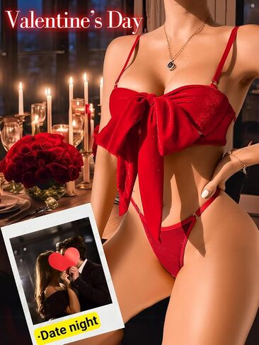 kaei & shi unnrap bow lingerie ، صدرية مطابقة للمخمل ومجموعات اللباس الداخلي للنساء ، يوم عيد الميلاد الحاضر مثير الحاضر in Kuwait