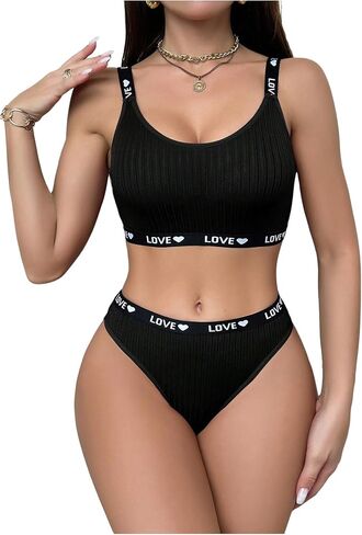 Women's 2 Piece Lingerie Set Letter Graphic Wireless Matching Sports Bra and Panty Sets in Saudi Arabia
