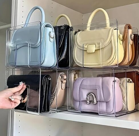 4Pc Clear Plastic Purse Handbag Organizer 4 Sections Bag Closet Shelf Divider Purse Display Stand Handbag Storage Organizer Clear Desk File Sorter Stand Holder Bookshelf (4) in Saudi Arabia