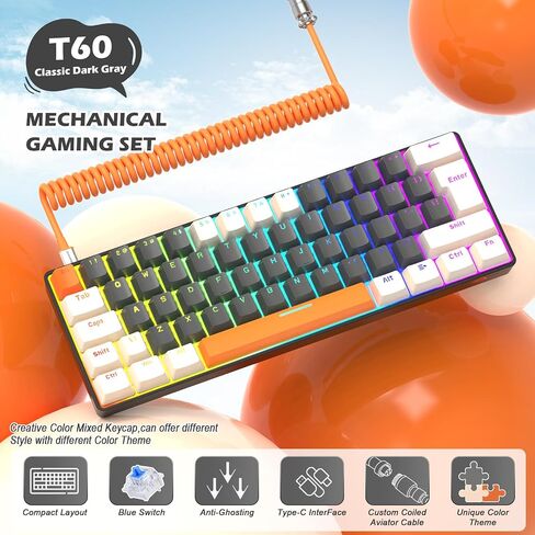 ZIYOU LANG RK-T60 لوحة مفاتيح ميكانيكية سلكية للألعاب وماوس كومبو صغير محمول مع إضاءة خلفية قوس قزح 62مفتاح NKRO 6400DPI RGB كابل Aviator C ملفوف على شكل قرص العسل للاعب PS4/PC/WIN (مفتاح أزرق/أحمر) in Kuwait