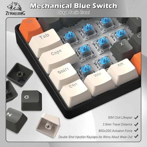 ZIYOU LANG RK-T60 لوحة مفاتيح ميكانيكية سلكية للألعاب وماوس كومبو صغير محمول مع إضاءة خلفية قوس قزح 62مفتاح NKRO 6400DPI RGB كابل Aviator C ملفوف على شكل قرص العسل للاعب PS4/PC/WIN (مفتاح أزرق/أحمر) in Kuwait