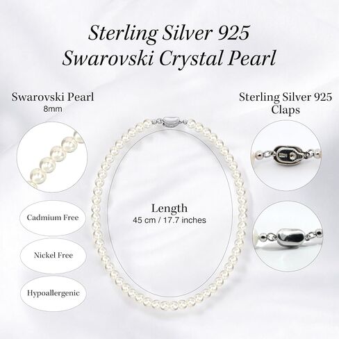 White Swarovski Pearl Necklace for Women 925 Sterling Silver Clasp Ivory Swarovski Pearls Strands 4mm 6mm 8mm Jewelry Gift for Wedding Prom Birthday Bridesmaids Mothers Day in Saudi Arabia