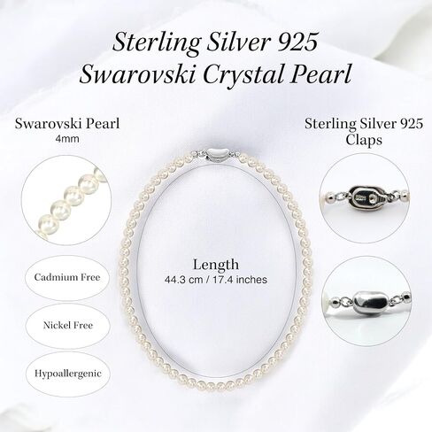 White Swarovski Pearl Necklace for Women 925 Sterling Silver Clasp Ivory Swarovski Pearls Strands 4mm 6mm 8mm Jewelry Gift for Wedding Prom Birthday Bridesmaids Mothers Day in Saudi Arabia