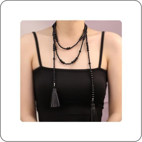 Long Pearl Necklace for Women Multilayer Faux Pearl Bead Long Strand Chain Chunky Big Pearl Necklace Vintage Stacked Tassel Strands Necklace Bridal Wedding Party 1920s Costume Jewelry in Saudi Arabia