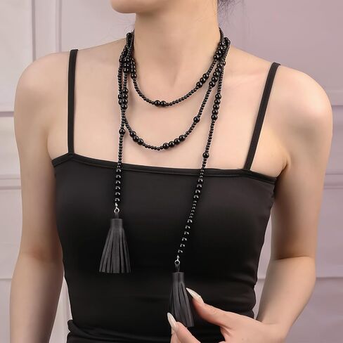 Long Pearl Necklace for Women Multilayer Faux Pearl Bead Long Strand Chain Chunky Big Pearl Necklace Vintage Stacked Tassel Strands Necklace Bridal Wedding Party 1920s Costume Jewelry in Saudi Arabia