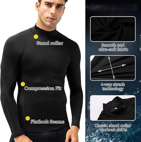 Men's Compression Shirts Long Sleeve Athletic Running Tops Football Turtle Neck Shirts Sport Baselayer Undershirt in Kuwait