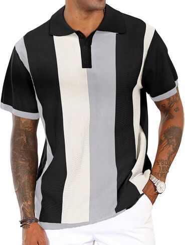 Men's Casual Polo Shirts Vintage Striped Knitting Button Down Shirts Golf Collared Shirts in Kuwait