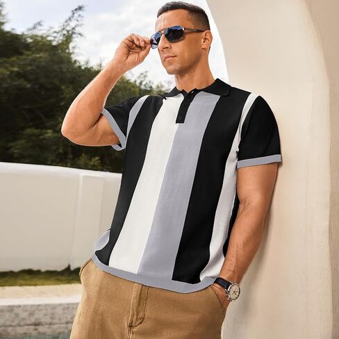 Men's Casual Polo Shirts Vintage Striped Knitting Button Down Shirts Golf Collared Shirts in Kuwait