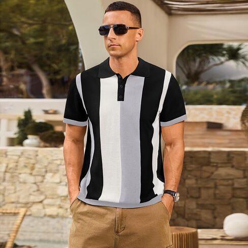 Men's Casual Polo Shirts Vintage Striped Knitting Button Down Shirts Golf Collared Shirts in Kuwait