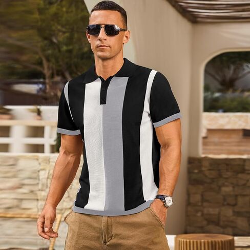 Men's Casual Polo Shirts Vintage Striped Knitting Button Down Shirts Golf Collared Shirts in Kuwait