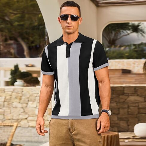 Men's Casual Polo Shirts Vintage Striped Knitting Button Down Shirts Golf Collared Shirts in Kuwait