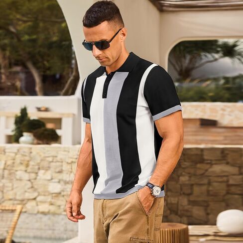 Men's Casual Polo Shirts Vintage Striped Knitting Button Down Shirts Golf Collared Shirts in Kuwait
