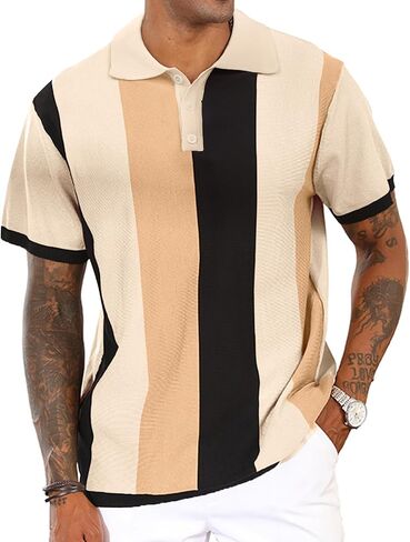 Men's Casual Polo Shirts Vintage Striped Knitting Button Down Shirts Golf Collared Shirts in Kuwait