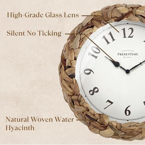 Presentime & Co Farmhouse Series, Rustic Woven Clock, 10.5 inch, Natural Woven Water Hyacinth/Sea Grass. Wall Sculpture, Wall Art and Timepiece for Home Decoration/Decoration/Farmhouse Décor. in Saudi Arabia