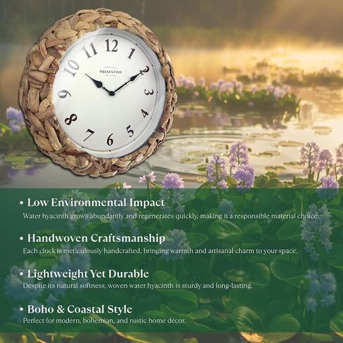 Presentime & Co Farmhouse Series, Rustic Woven Clock, 10.5 inch, Natural Woven Water Hyacinth/Sea Grass. Wall Sculpture, Wall Art and Timepiece for Home Decoration/Decoration/Farmhouse Décor. in Saudi Arabia