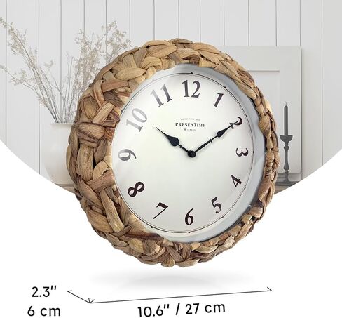 Presentime & Co Farmhouse Series, Rustic Woven Clock, 10.5 inch, Natural Woven Water Hyacinth/Sea Grass. Wall Sculpture, Wall Art and Timepiece for Home Decoration/Decoration/Farmhouse Décor. in Saudi Arabia
