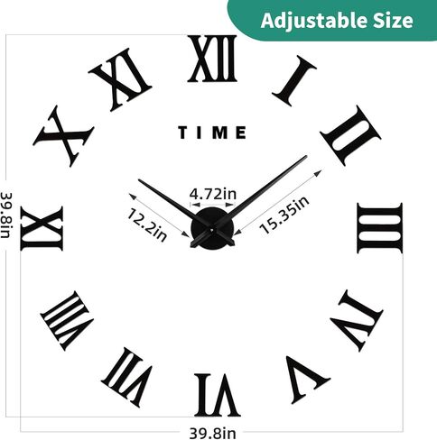 VREAONE Large 3D DIY Wall Clock, Giant Roman Numerals Clock Frameless Mirror Big Wall Clock Home Decoration for Home Living Room Bedroom Wall Decorations(Black) in Saudi Arabia