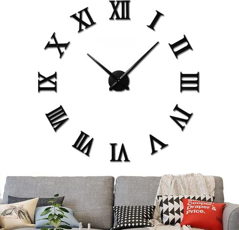 VREAONE Large 3D DIY Wall Clock, Giant Roman Numerals Clock Frameless Mirror Big Wall Clock Home Decoration for Home Living Room Bedroom Wall Decorations(Black) in Saudi Arabia