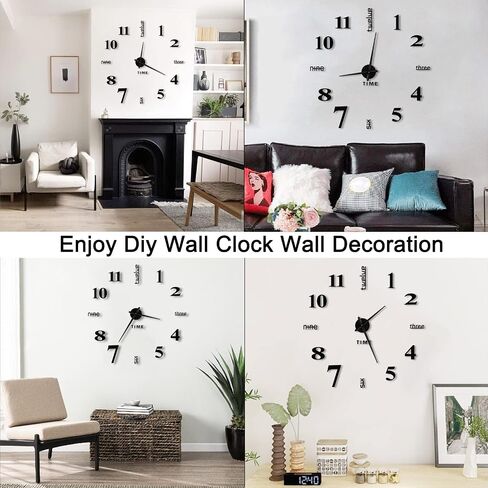 VREAONE Frameless DIY Wall Clock,Large Modern 3D Mirror Sticker kit for Home Living Room Bedroom Office Wall Decorations(Black) in Saudi Arabia
