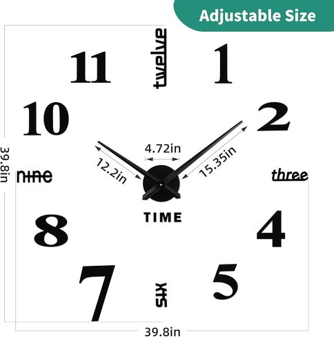 VREAONE Frameless DIY Wall Clock,Large Modern 3D Mirror Sticker kit for Home Living Room Bedroom Office Wall Decorations(Black) in Saudi Arabia