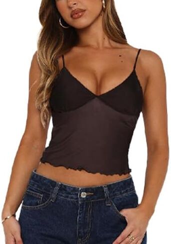 Avidlove مثير القمم الشفافة للنساء شبكات المحاصيل انظر من خلال V العنق كامي سباغيتي حزام BRALETTE TANK TOP in Saudi Arabia
