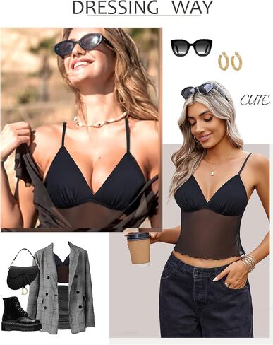 Avidlove مثير القمم الشفافة للنساء شبكات المحاصيل انظر من خلال V العنق كامي سباغيتي حزام BRALETTE TANK TOP in Saudi Arabia
