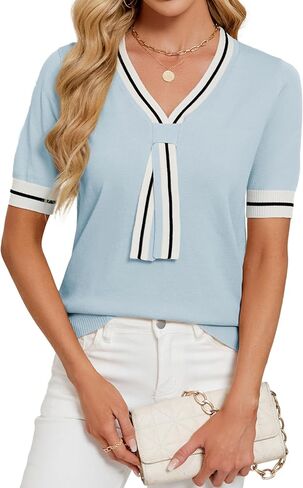 Womens Lightweight Cute Bow Tie Sweater Spring 2025 Business Casual Outfits V Neck Short Sleeve Tops in Kuwait