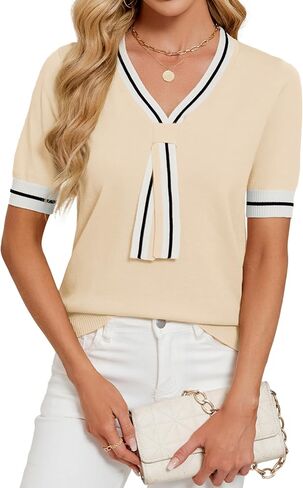 Womens Lightweight Cute Bow Tie Sweater Spring 2025 Business Casual Outfits V Neck Short Sleeve Tops in Kuwait